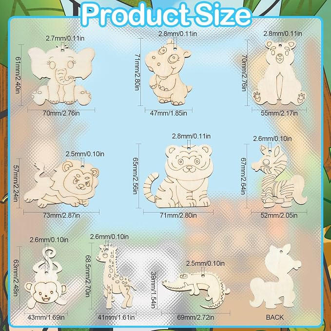 45 pcs 9 Styles Animal Theme Unfinished Wood Cutout Charms Elephant Lion - Image 2