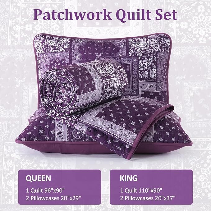 Cottolester Purple Quilt Set King Size, 3 Pieces Boho Patchwork Paisley Quilt - Image 6