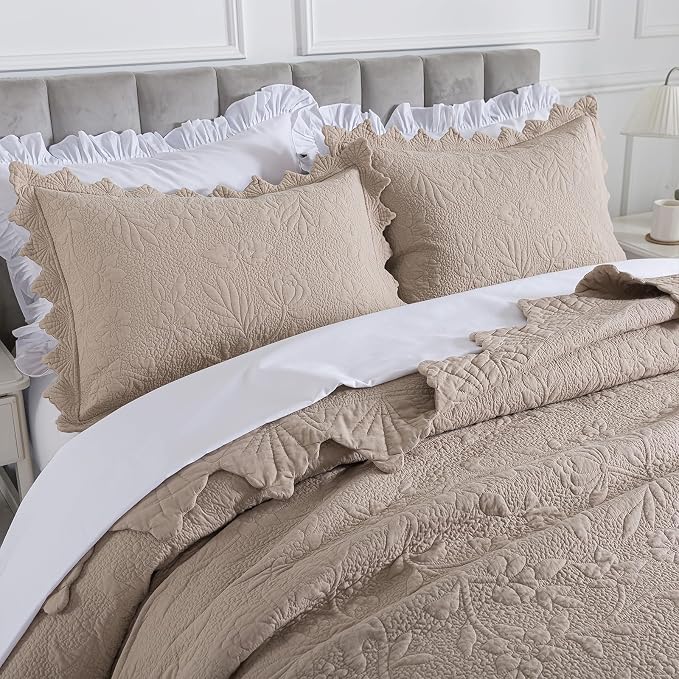 Brandream Khaki Cotton Quilt Set King Size Vintage Cottage Floral Vine Bedding by Brandream