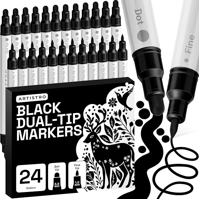 ARTISTRO 24 Black Dual-Tip Acrylic Paint Markers – Paint Pens Set by ARTISTRO