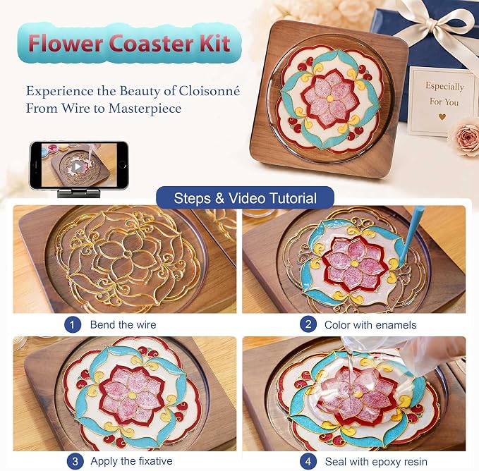 Wooden Coasters Craft Kits – Filigree Enamels Painting DIY Coasters Art - Image 2
