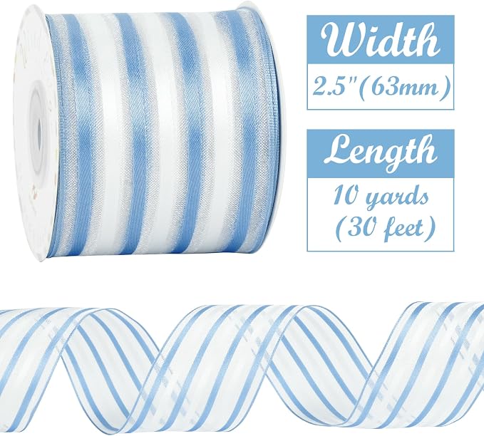 HUIHUANG Blue White Stripe Sheer Ribbon 2.5 inch Light Blue Wire Edged Ribbon - Image 2