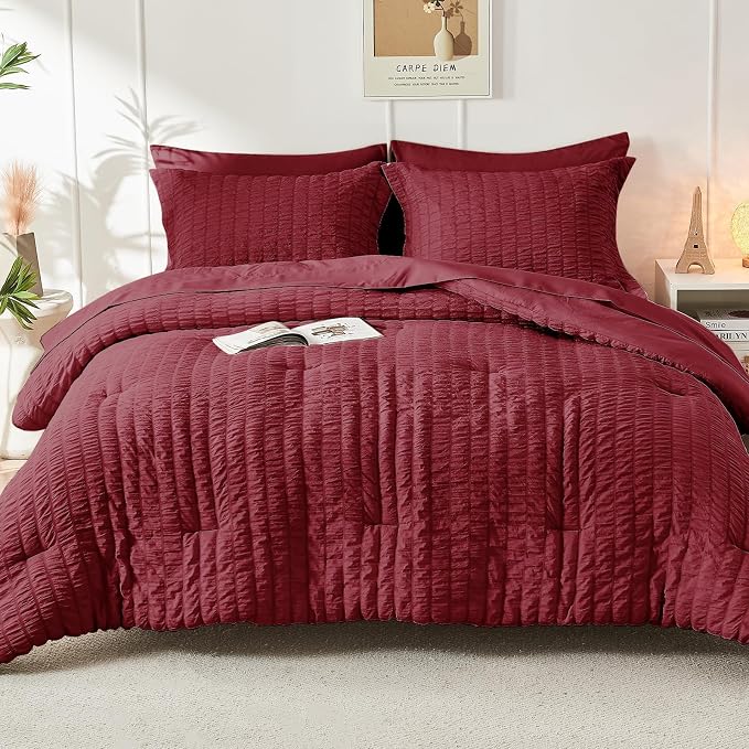 HYMOKEGE Burgundy King Size Comforter Set Seersucker 7 Pieces, All Season - Image 9
