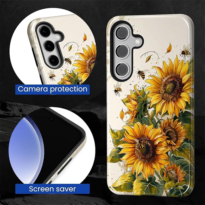 for Samsung Galaxy S25 Case, Sunflowers Bees Pattern Glossy 2 in 1 Shockproof - Image 6