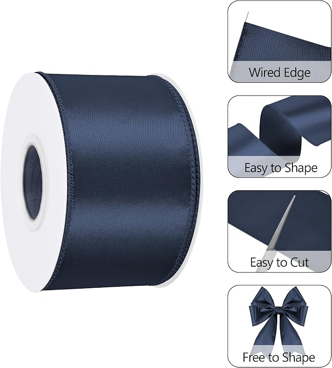 Navy Blue 2.5 Inch 25 Yards Satin Wired Ribbon - Image 3