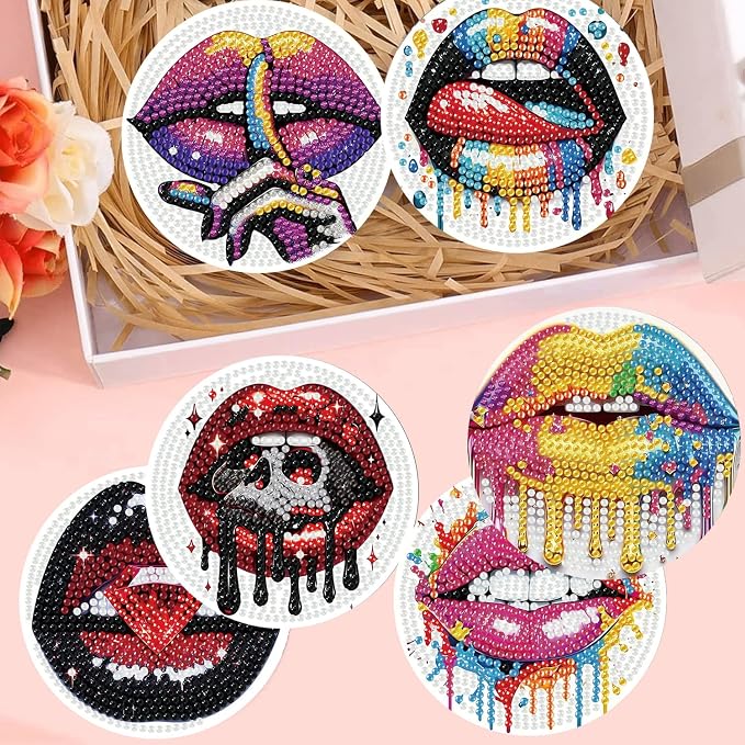 8 Pack Diamond Art Coasters, Sexy lips Diamond Painting Coasters Kits | Lips - Image 6