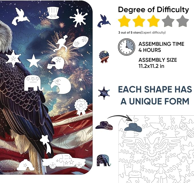 Reouinty Wooden Puzzle for Adults, Eagle Flag 200 Piece 11.2x11.2 in | Jigsaw - Image 3