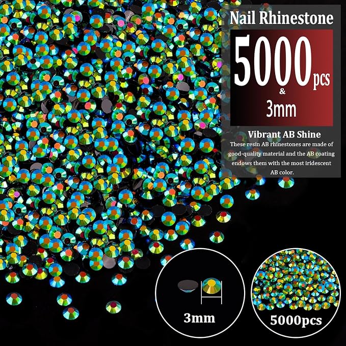 5000pcs 3mm Resin Rhinestones Bulk, Emerald Black AB Flatback Round Jelly - Image 2