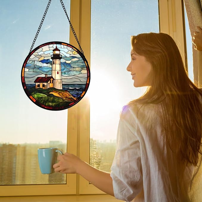 DASTOLL Stained Glass Window Hanging, Ocean Lighthouse Sun Catchers Glass Panel - Image 3