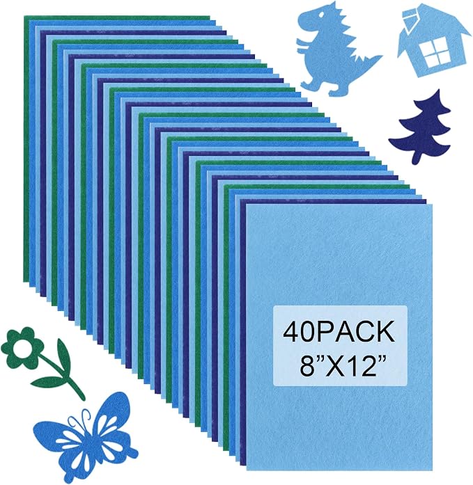 40 Pcs Stiff Felt Fabric Sheet for Crafts, 1mm Thick and 8”x12”Blue Series Felt by Tiparts