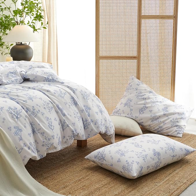 Nayoroom Blue Floral Duvet Cover Twin Size Cottagecore Flower Leaf Spring - Image 5