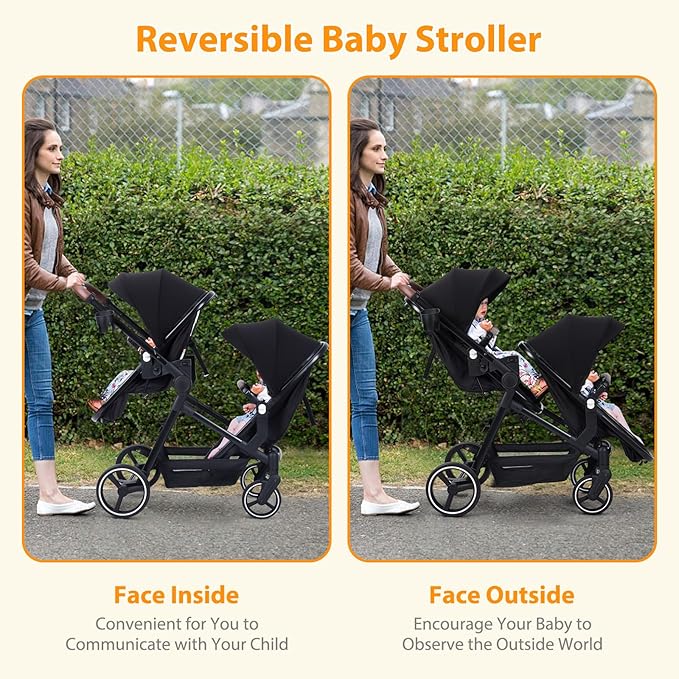 Tandem Double Stroller Newborn and Toddler, Foldable Twin Stroller with Reversible Seat, 5-Point Safety Harness, Adjustable Backrest & Canopy, Storage Basket