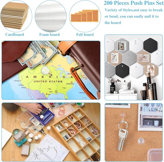 BESARME 200 Pcs Push Pins for Bulletin Board, Thumb Tacks for Cork Board | Clear - Image 4