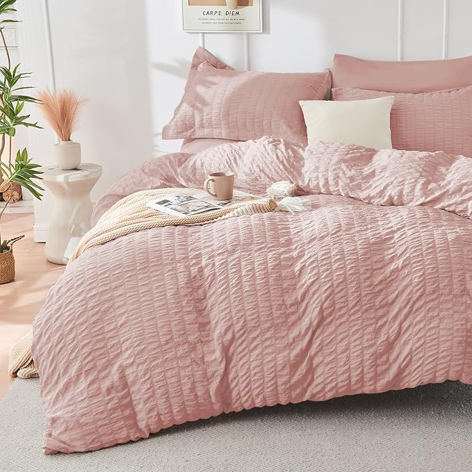 HYMOKEGE Rose Gold Duvet Cover King Size, Ultra Soft 3-Piece Seersucker Duvet by HYMOKEGE