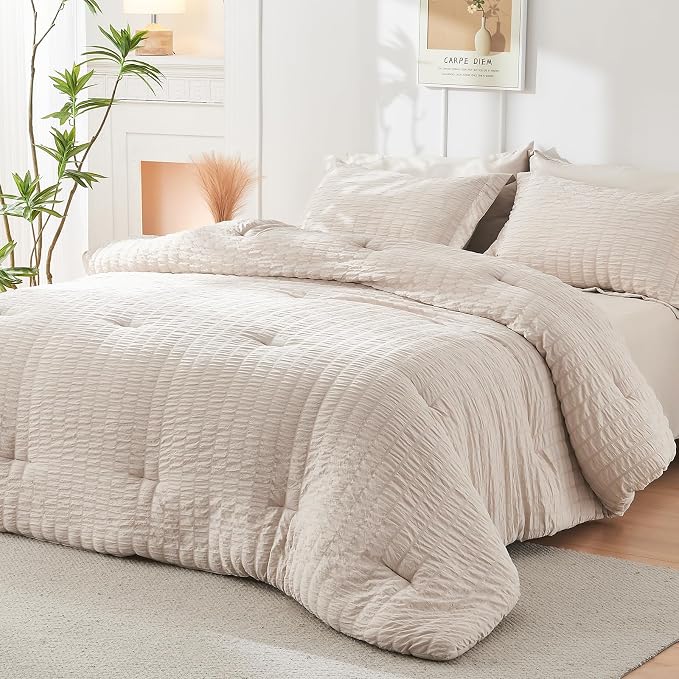 HYMOKEGE Beige Full Size Comforter Sets Seersucker 7 Pieces, All Season Luxury - Image 8