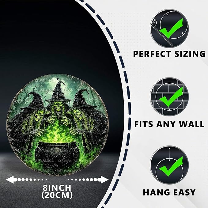 Skeleton Witches Halloween Metal Tin Sign Round Wall Decor Green Magic Potion - Image 2