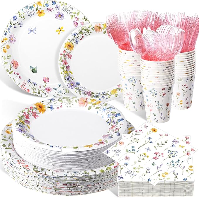 Pickmesh 400 Pcs Wildflower Party Supplies Floral Baby in Bloom Tableware by Pickmesh