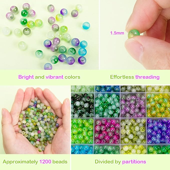 XSEINO About 1200+ pcs 6mm Glass Beads Bracelet Making Kit, 24 Assorted Green - Image 4