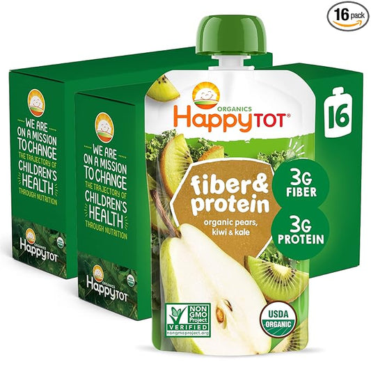Happy Tot Organics Stage 4 Baby Food Pouches, Gluten Free, Vegan Snack, Fiber & Protein Fruit & Veggie Puree, Pears, Kiwi & Kale, 4 Ounce (Pack of 16)