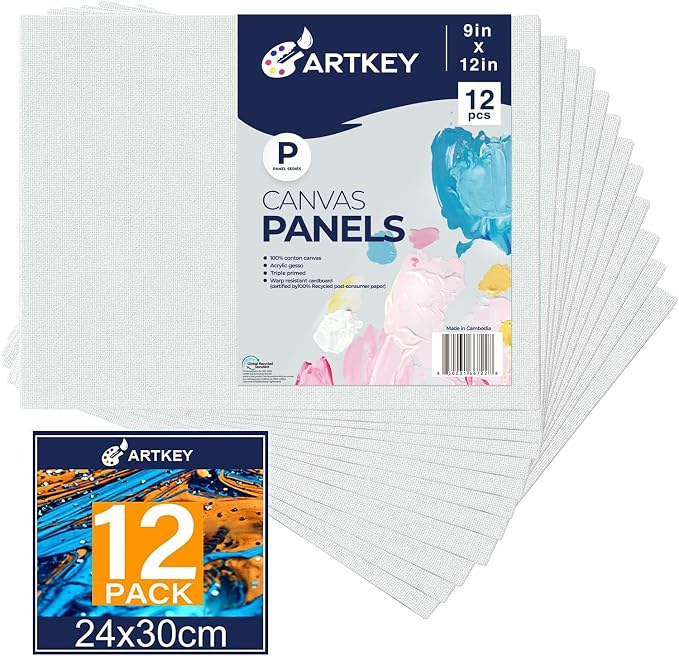 Canvas Panels 9x12 Inch 12-Pack, 10 oz Primed 100% Cotton White Blank Canvases by Artkey