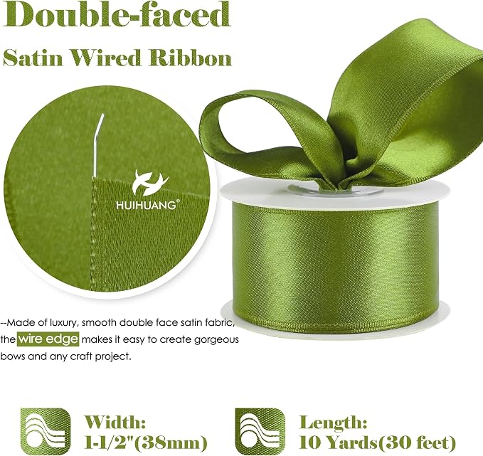 HUIHUANG Olive Green Wired Ribbon 1-1/2 inch Olive Satin Wire Ribbon - Image 2