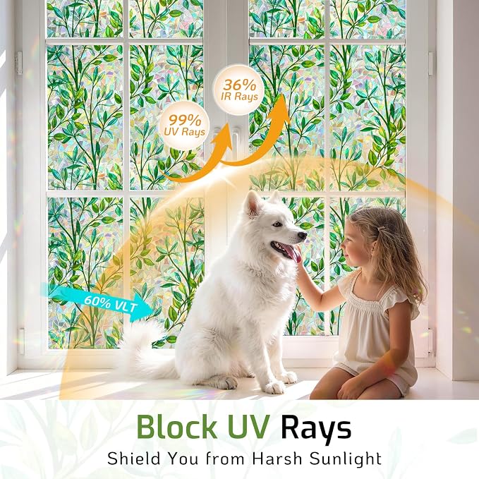 LUTE Stained Glass Window Privacy Film, Leaf Rainbow, 23.6" X 157.4" | No Glue - Image 5