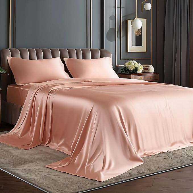 BEDELITE King Size Sheets Set, Luxury Soft Coral Pink Satin Sheets by BEDELITE