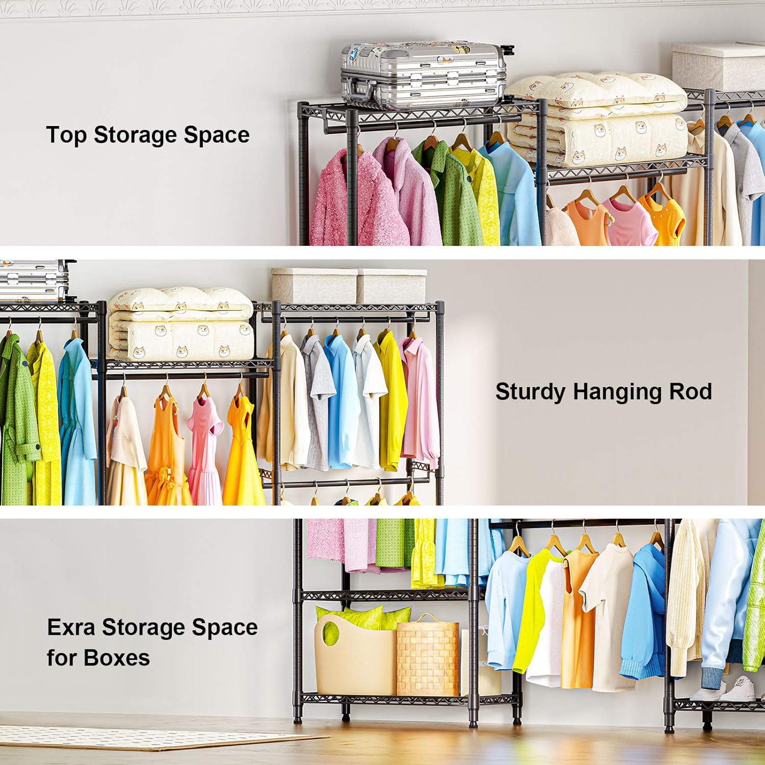 Heavy Duty Rolling Garment Rack 3 Tiers Adjustable Wire Shelving Clothes Rack with Rods Storage Closet Clothing Rack Black 15.7" D x 70.8" W x 76.5" H