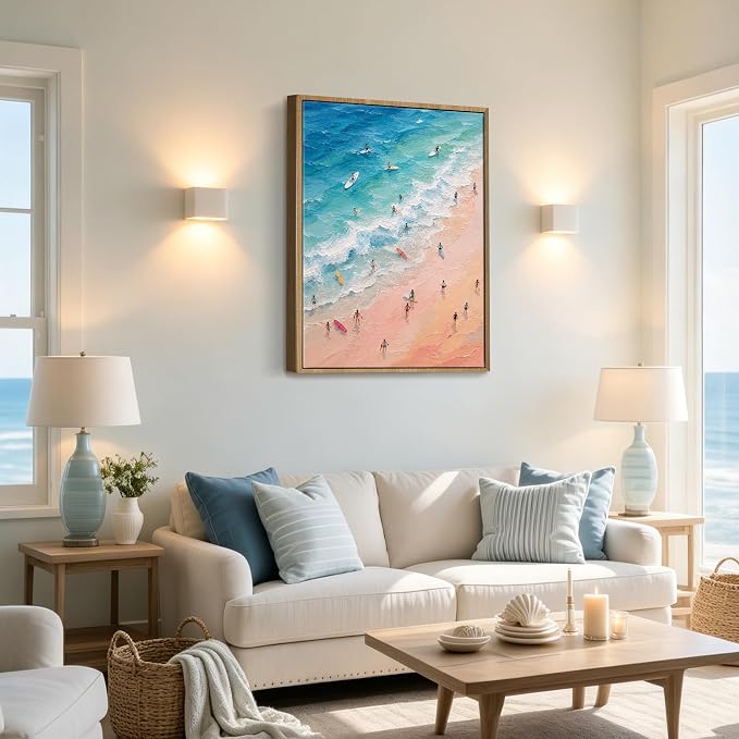 Framed Pastel Coastal Surfers Canvas Wall Art Aerial View of Vibrant Beach - Image 6