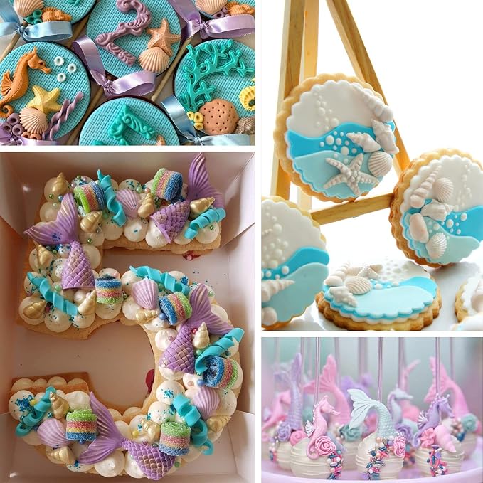 Sakolla 4 Pcs Marine Theme Silicone Fondant Molds, Mermaid Tail Seashell Conch - Image 7
