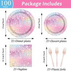 100PCS Iridescent Diamond Birthday Party Plates Napkins Forks Supplies Set - Image 2