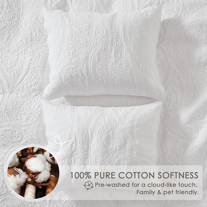 palassio White Paisley 100% Cotton Quilt King Size Bedding Sets - Image 4