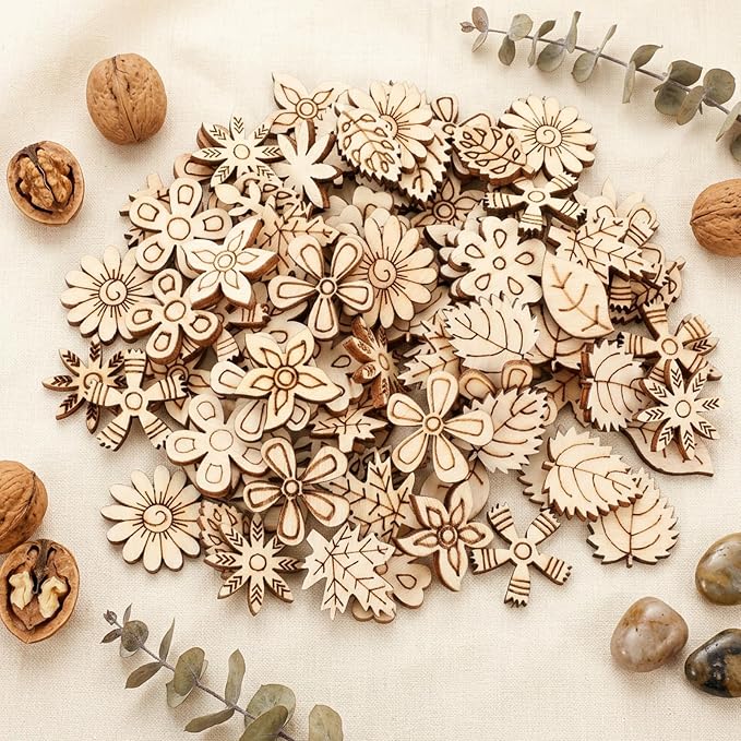 100 Pcs Wooden Flowers for Crafts, Unfinished Wooden Flowers | Wood Craft by Unknown