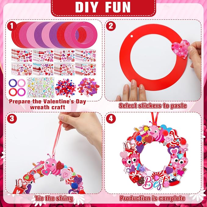 Hollowfly 48 Sets Valentine's Day Wreath Craft Kits DIY Heart Wreath Hanging - Image 4