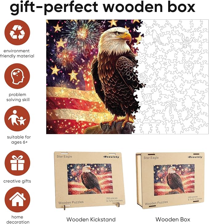 Reouinty Wooden Jigsaw Puzzle for Adults, Eagle Flag Wood Puzzles for Patriot - Image 3