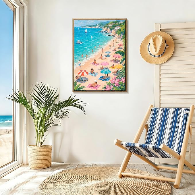 HomeifHue Funky Turquoise Beach Wall Art Colorful Coastal Umbrella Painting - Image 3