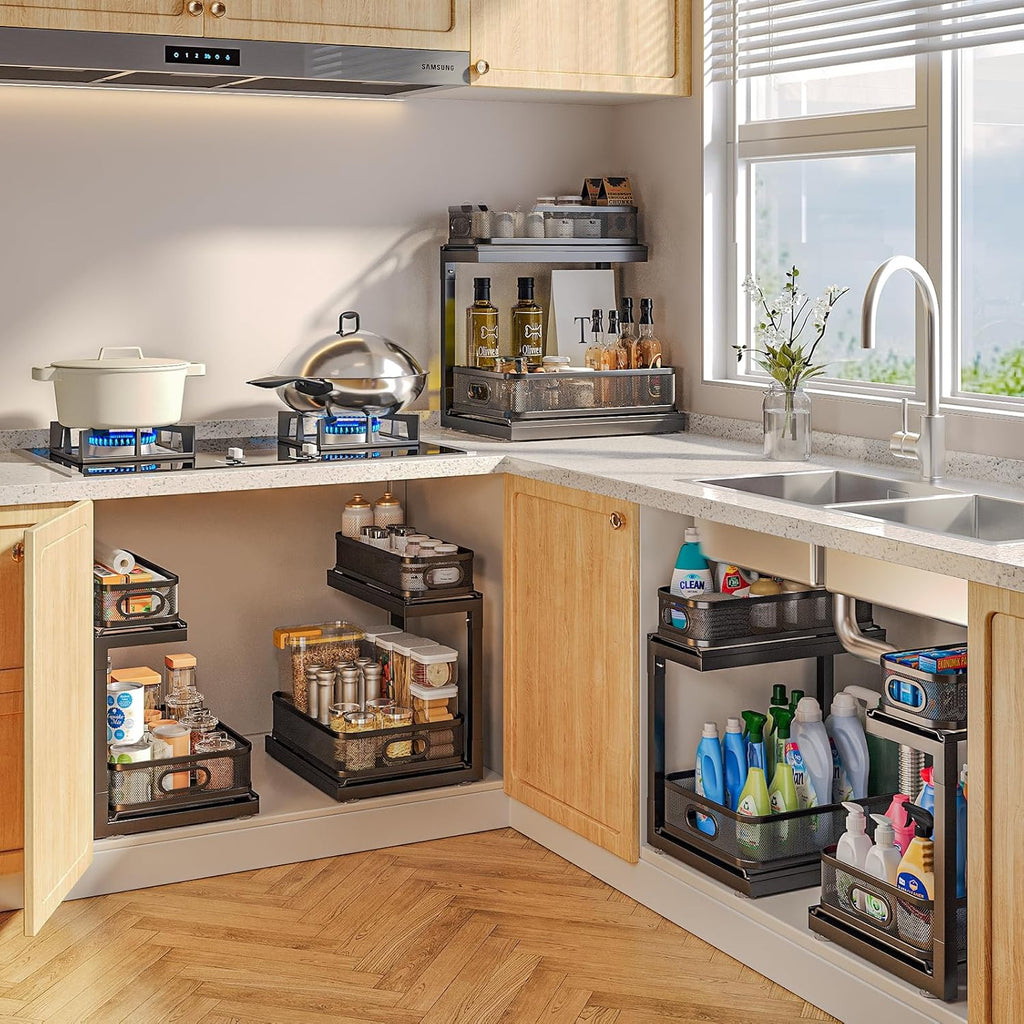 1-Pack Under Sink Storage Organizer with 2-Tier Slide Out Drawer, Sophisticated Mesh Pull Out Shelf for Kitchen & Bathroom, Fits Small Items, Upgraded Arched Track for Smooth Gliding-Black