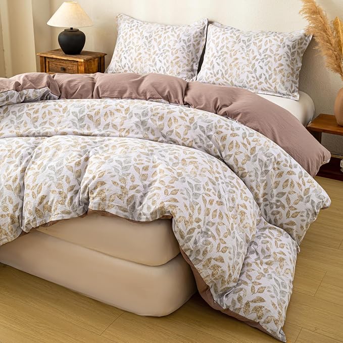 OAITE Coffee Leaves Twin Size Duvet Cover-3 Pieces Prewashed Cotton-Like - Image 2