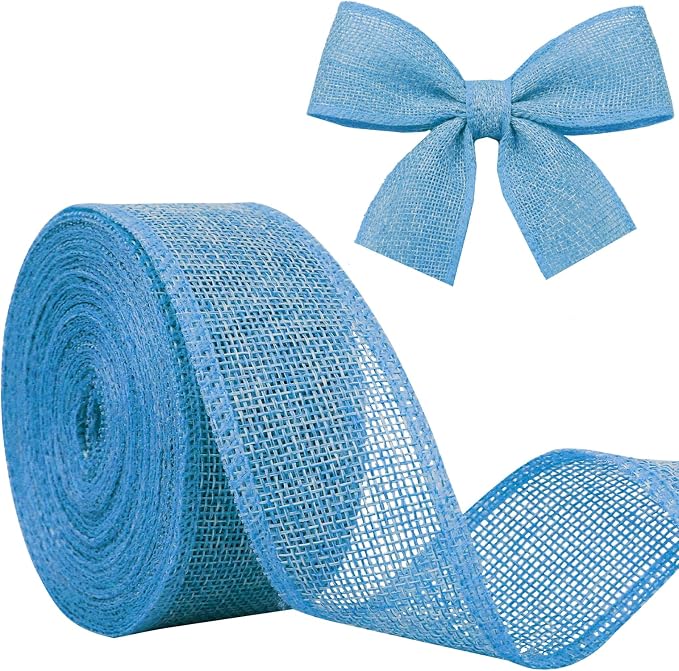 Light Blue Burlap Ribbon 1-1/2 inch X 10 Yard Blue Wired Ribbon | Natural Linen by JaoZuyard