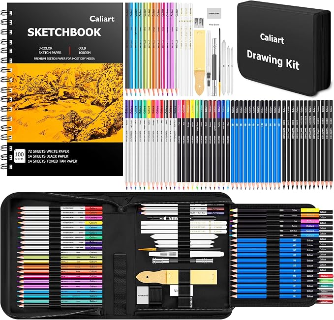 Caliart 176PCS Art Supplies Sketching Kit, 100 Sheets 3-Color Sketch Book | by Caliart