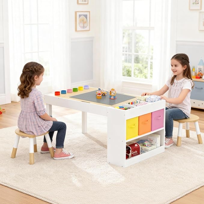 Kids Art Table and 2 Chairs Set, Wooden Craft Desk - Image 4