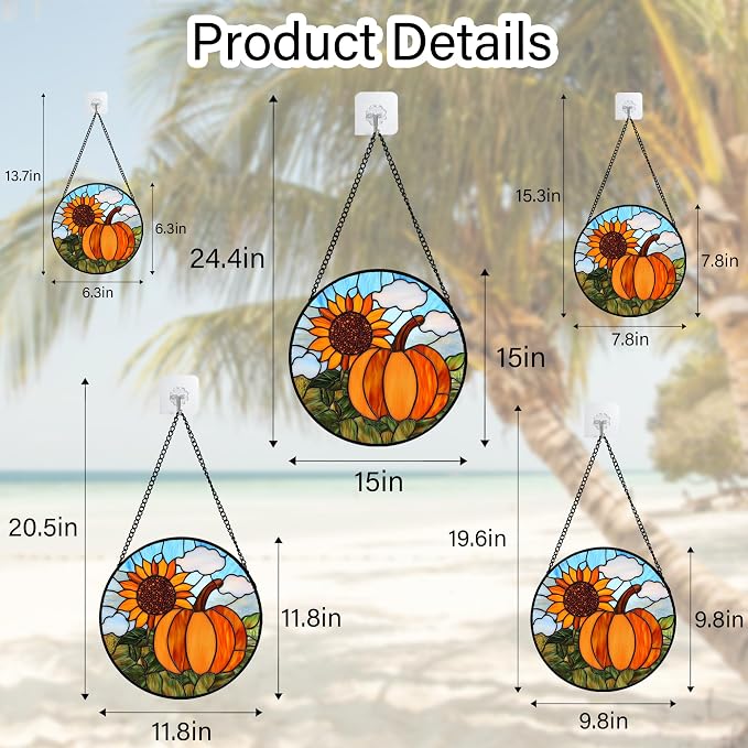 DASTOLL Stained Glass Window Hanging Fall Farm Scenery Sunflower Pumpkin 7.8" - Image 6