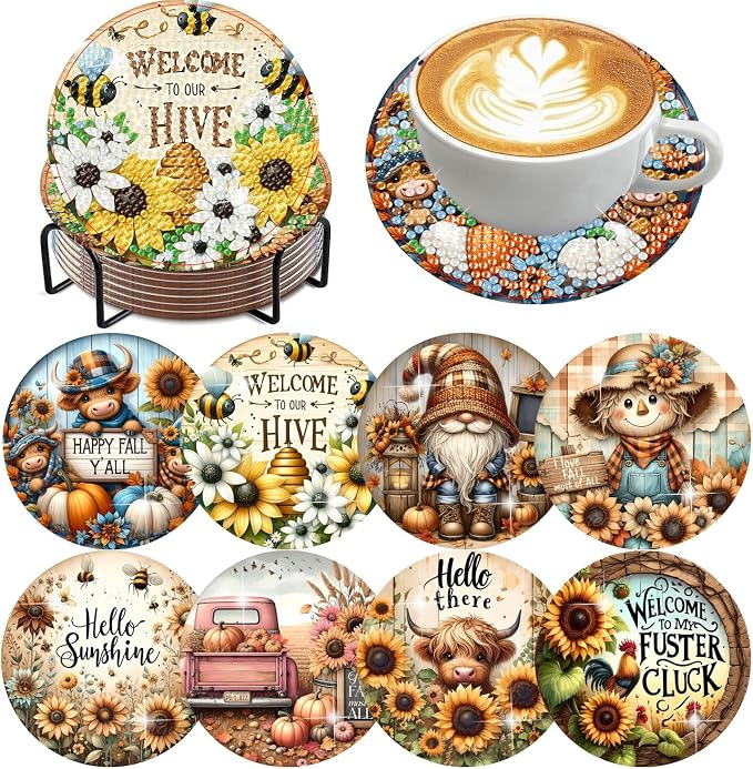 Axquilon 8 Pcs Fall Diamond Art Coasters Kit by Axquilon