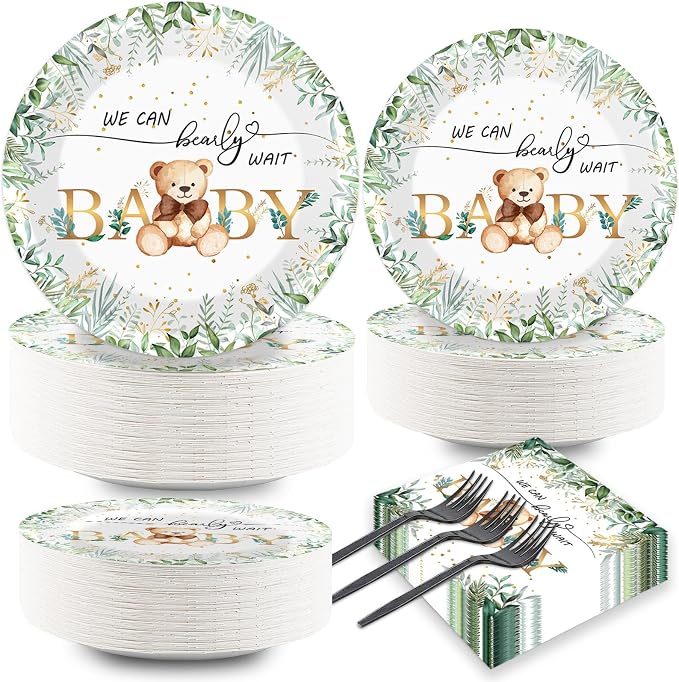 Naozinebi 200PCS Sage Green Bear Baby Shower Decoration Teddy Plates Napkins We by Naozinebi
