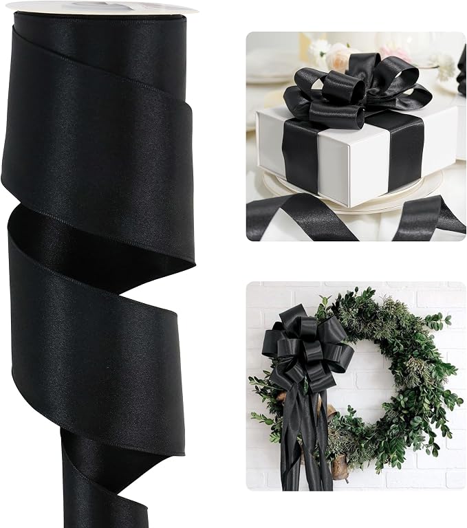 HUIHUANG Black Satin Wired Ribbon 2-1/2 inch Double-Faced Satin Wire Edge Ribbon by HUIHUANG