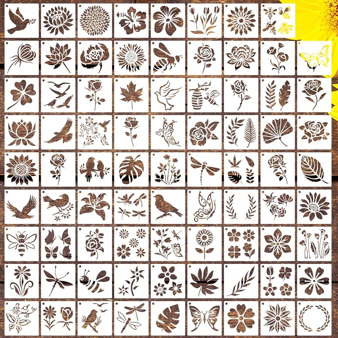 80 Pcs 3 x 3 Inch Stencils for Painting on Wood, Reusable Flower Butterfly Bird by DZXCYZ