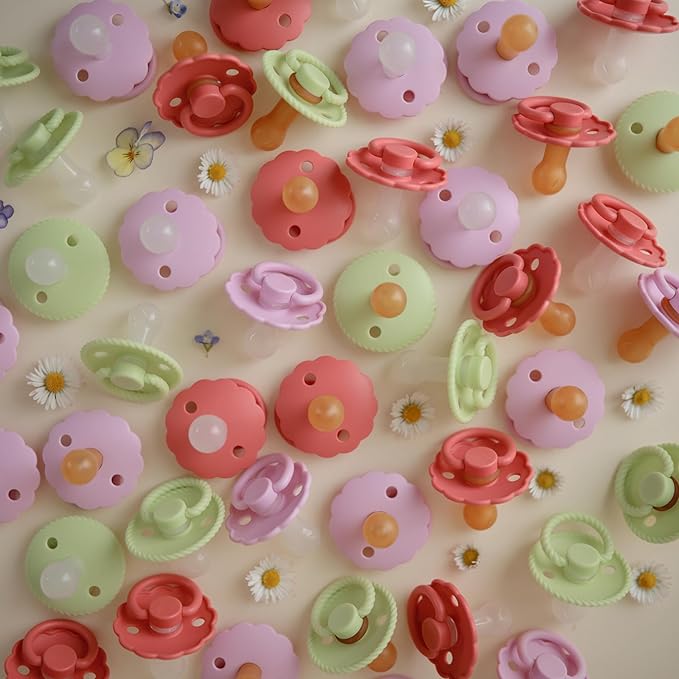 FRIGG Daisy Natural Rubber Baby Pacifier | Made in Denmark | BPA-Free (Pink Cream/Poppy, Size 1) 2-Pack