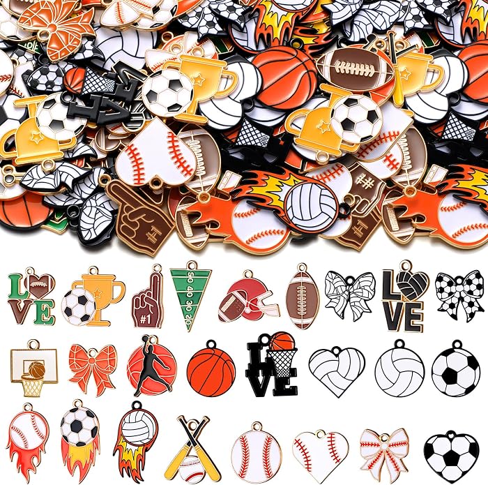 100 Pcs Sport Charms Bulk for Jewelry Making Football Soccer Volleyball by Trnayi