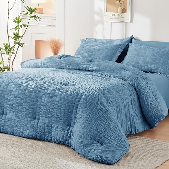HYMOKEGE Mineral Blue Twin Comforter Set Seersucker 5 Pieces, All Season Luxury - Image 8