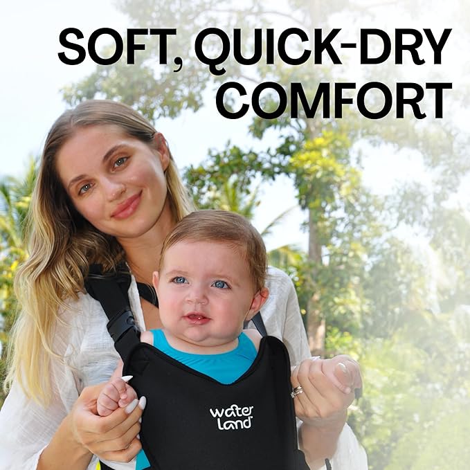 WaterLand Baby Carrier - Innovative Carrier You Can Use Both in Water & Land - Waterproof Infant Chest Holder with Adjustable Straps, Lightweight Toddler Harness for Pool & Beach (Black)